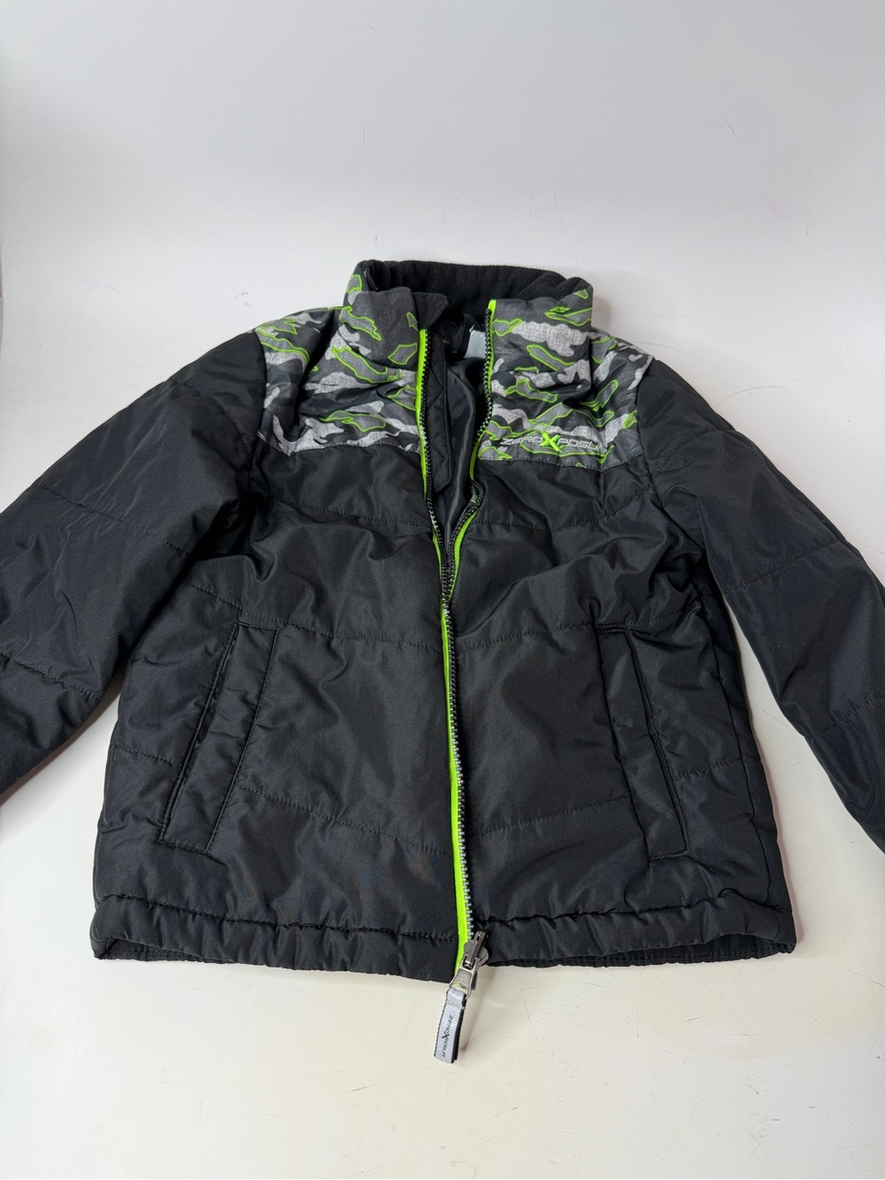ZeroXposur Black Puffer Jacket with Lime Accents and Camo Yoke